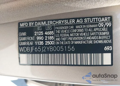 2000 Mercedes-Benz E 320 из США, поврежденный, VIN WDBJF65J2YB005156